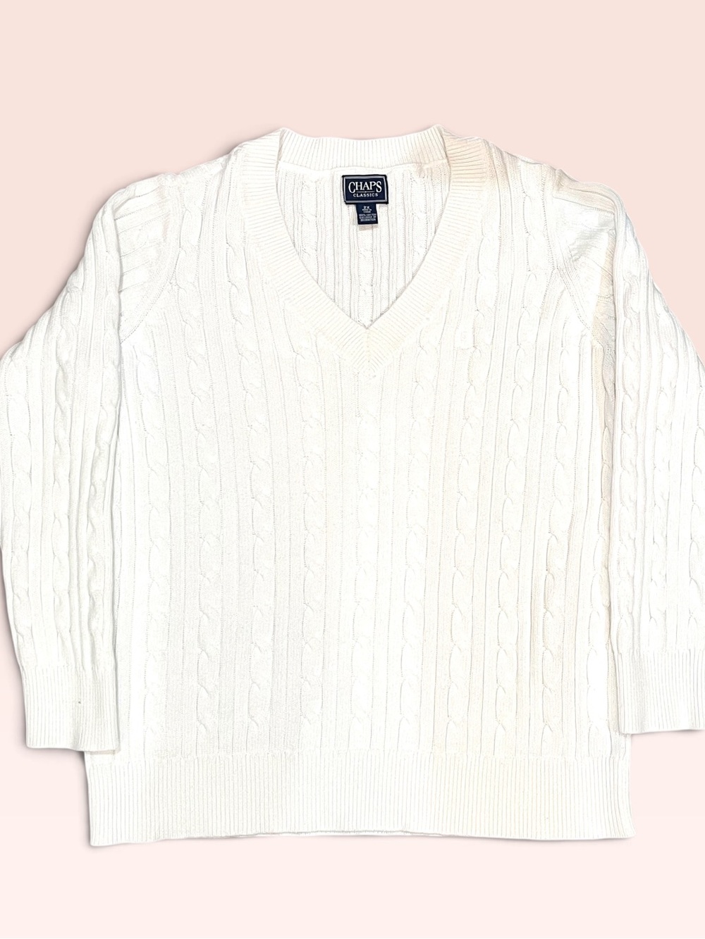 Chaps Classics White Cable-Knit V-Neck Sweater Size 2X 100% Cotton